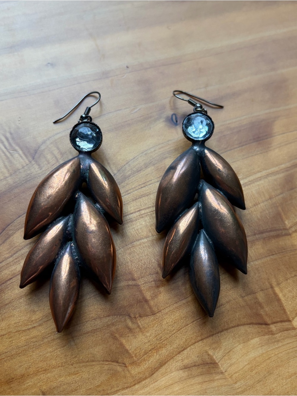 Copper Leaf Drop Earrings with Clear Stone Accent
